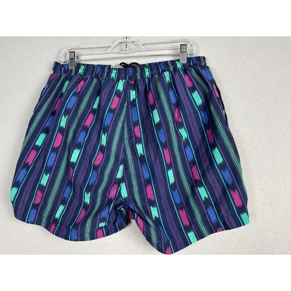 Pacific Scene Swim Trunks Mens Large Blue Multicolor Nylon Mesh Lined Drawstring